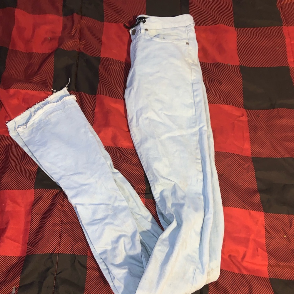 Light Blue Distressed stacked Jeans